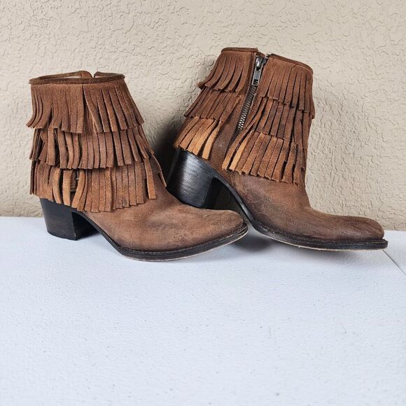 Freebird- Belle Brown Leather Fringe Ankle Boots Rear Zip Booties Bootie, Size 7 - Picture 3 of 12